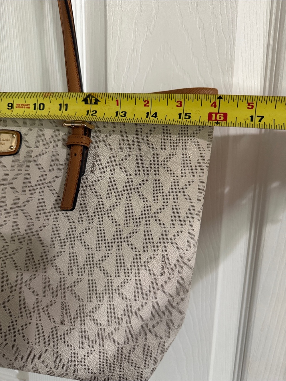 Michael Kors Cream Signature MK Tote with tan Leather Trim - Picture 5 of 9